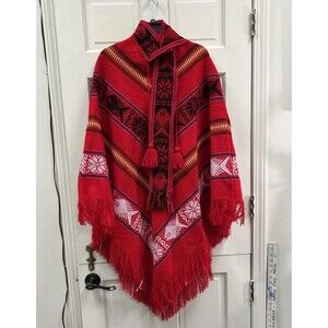 Red and Black Poncho Vintage Pullover One Size Warm Snowflake Fish